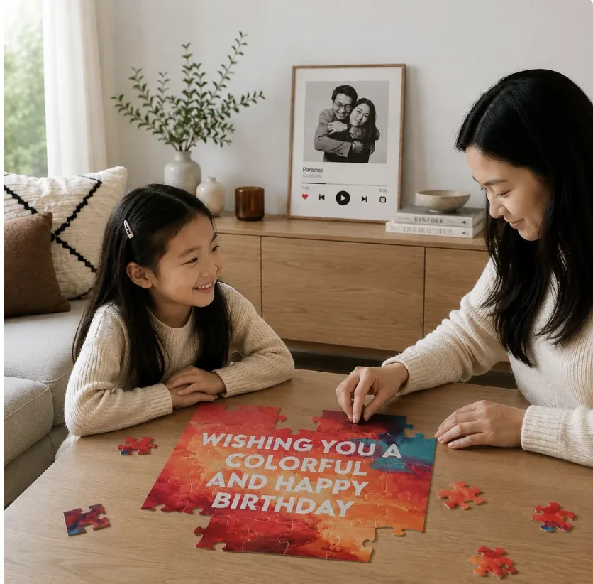 A girl and a woman assembling a birthday puzzle, with a framed photo poster behind them